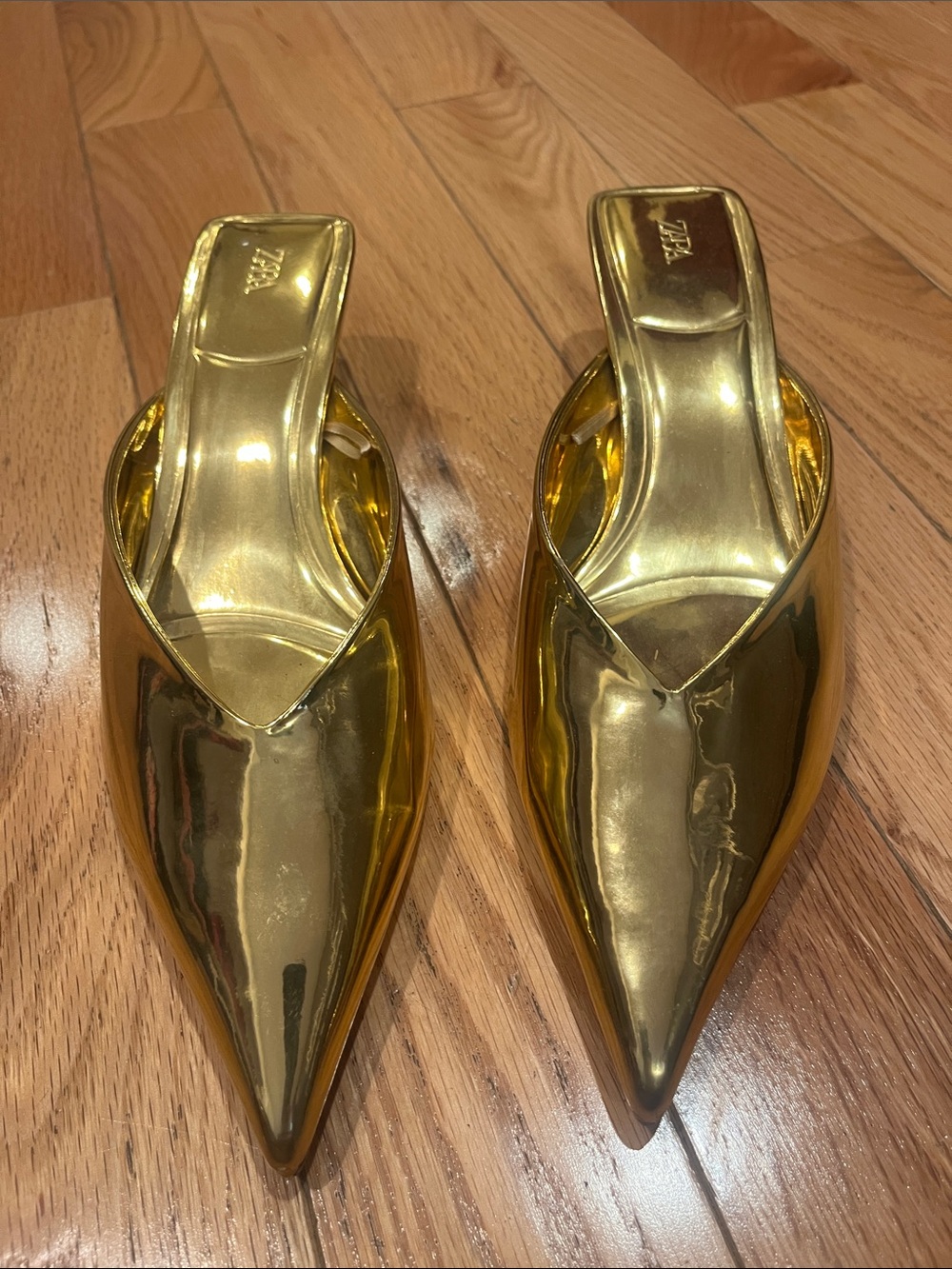 Zara Metallic Gold Pointed Slip-On Mules